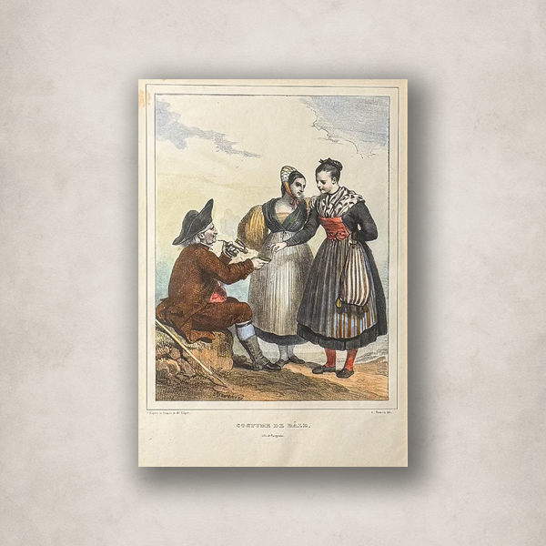Vintage Framed Costume Print – 13x15 Gold Frame, 6x9 Folk Dress Art