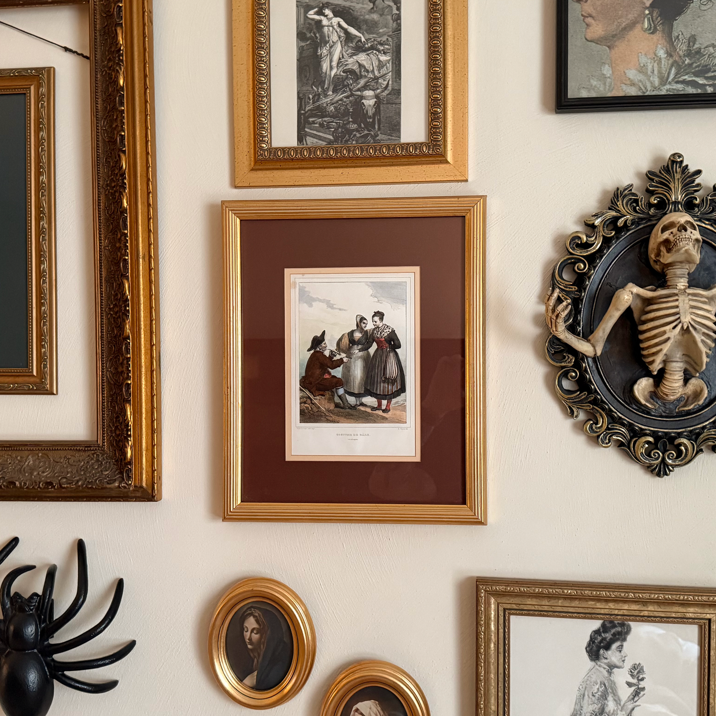 Vintage Framed Costume Print – 13x15 Gold Frame, 6x9 Folk Dress Art