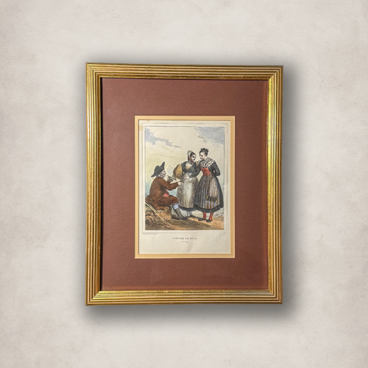 Vintage Framed Costume Print – 13x15 Gold Frame, 6x9 Folk Dress Art